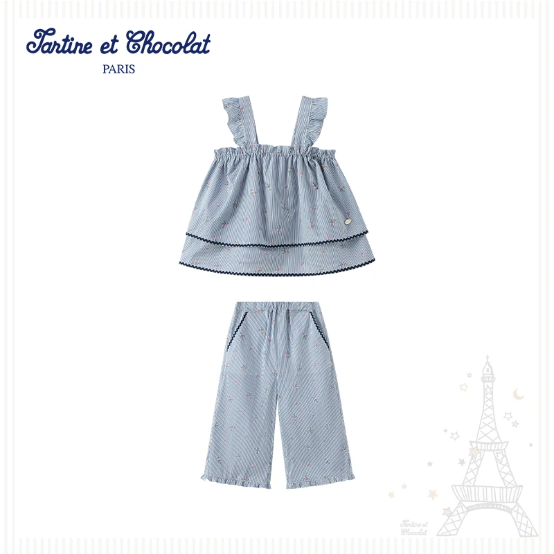 童装夏季新款女童25时尚分体式儿童上下套装TC法国女宝巧克力童装