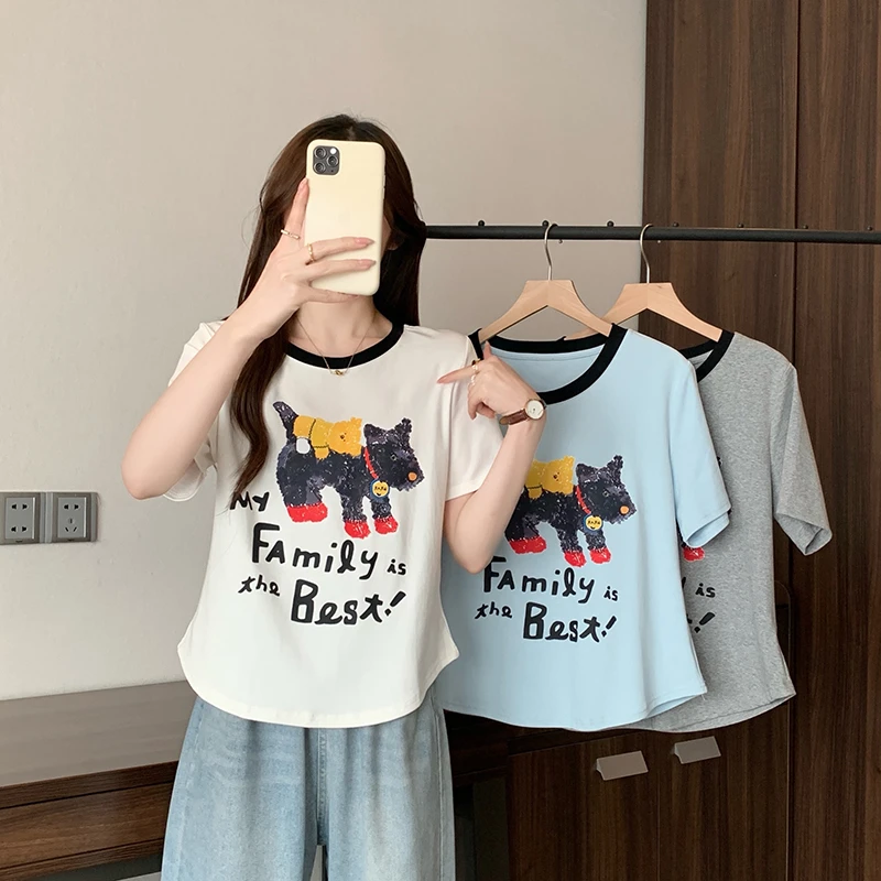 【运费补贴】新款胖mm大码女甜美撞色卡通印花宽松显瘦短袖T恤A1343