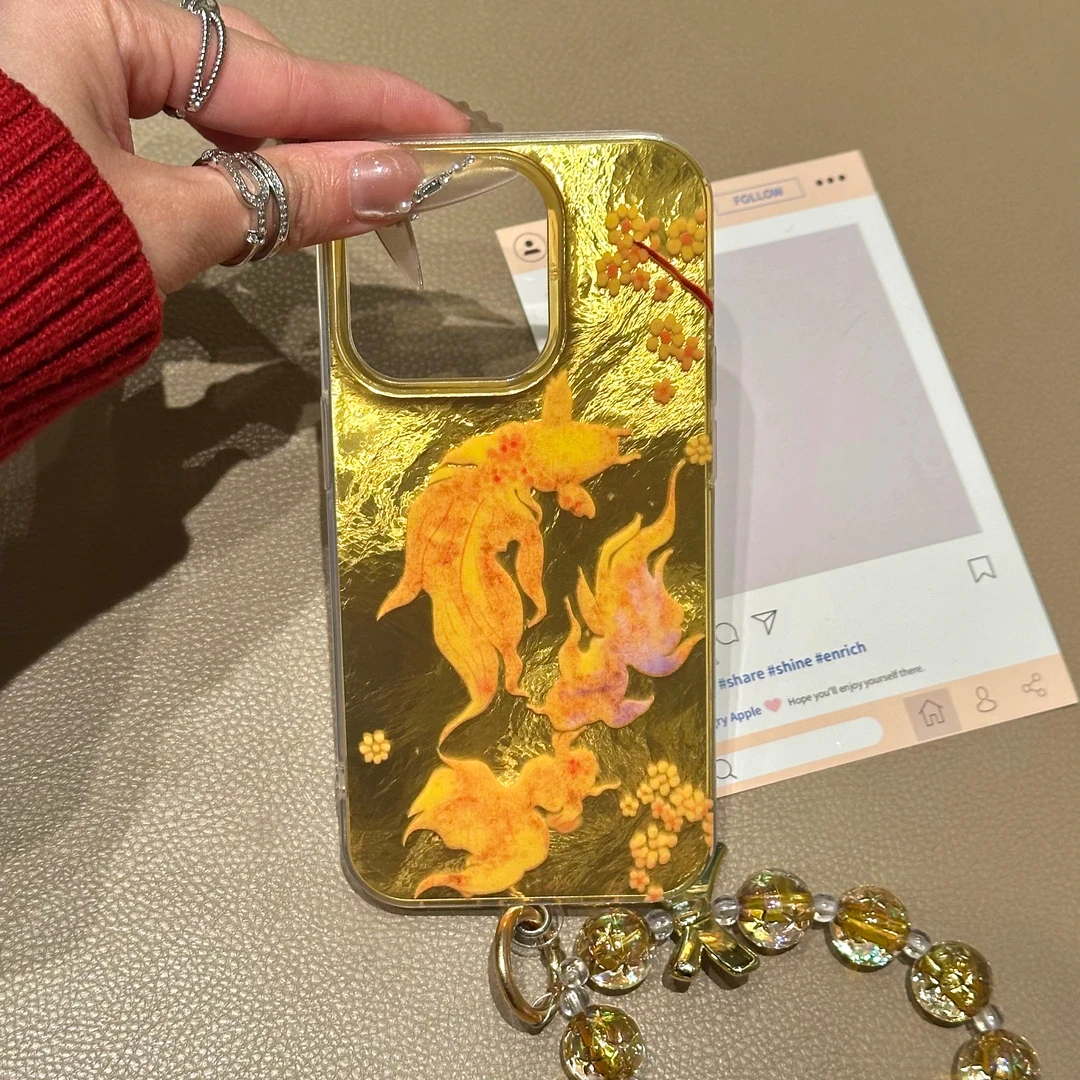 适用于苹果16手机壳14桂花锦鲤15promax冰川纹13个性12防摔手链