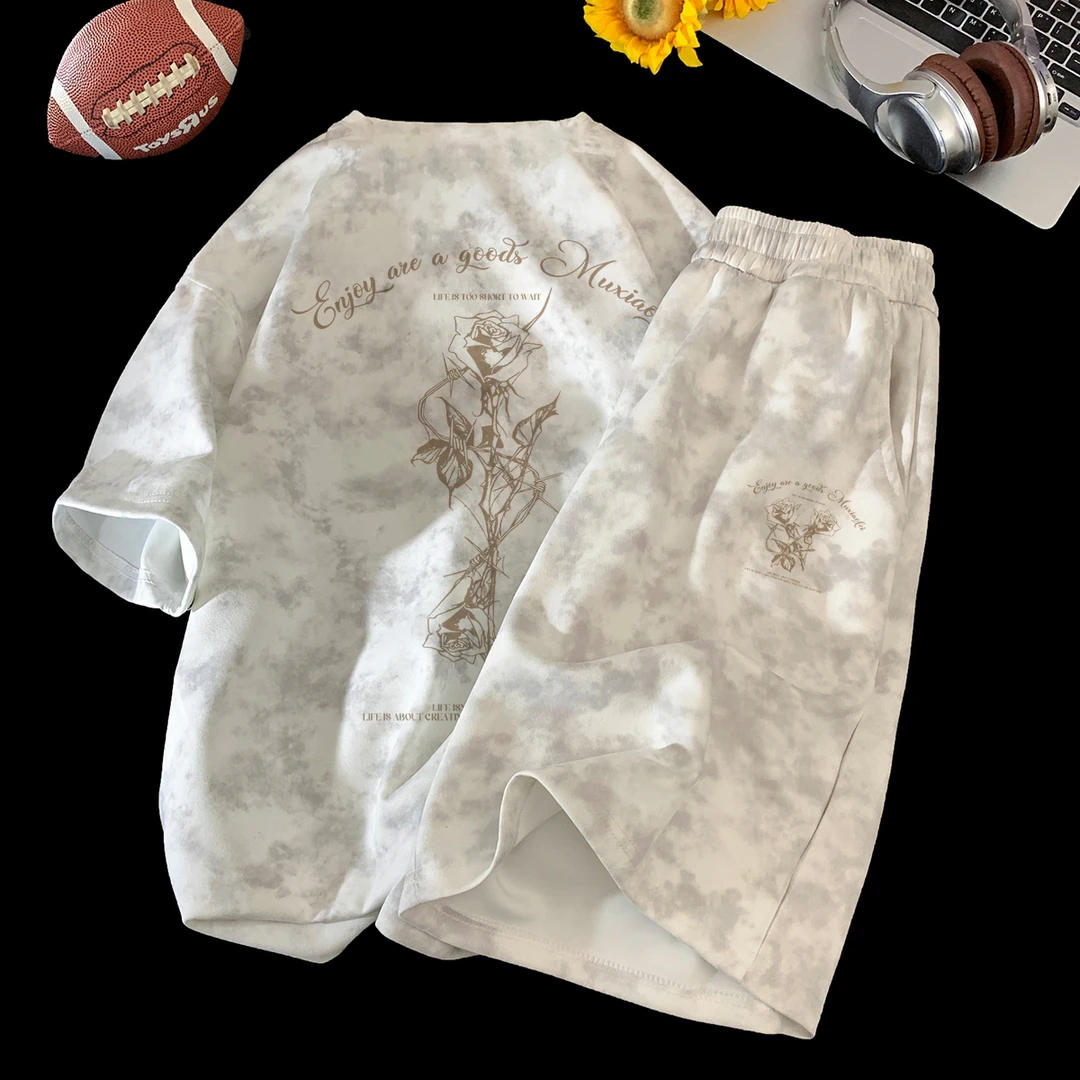 扎染冰丝运动套装男夏季潮牌凉感宽松脏脏风短袖T恤短裤两件套