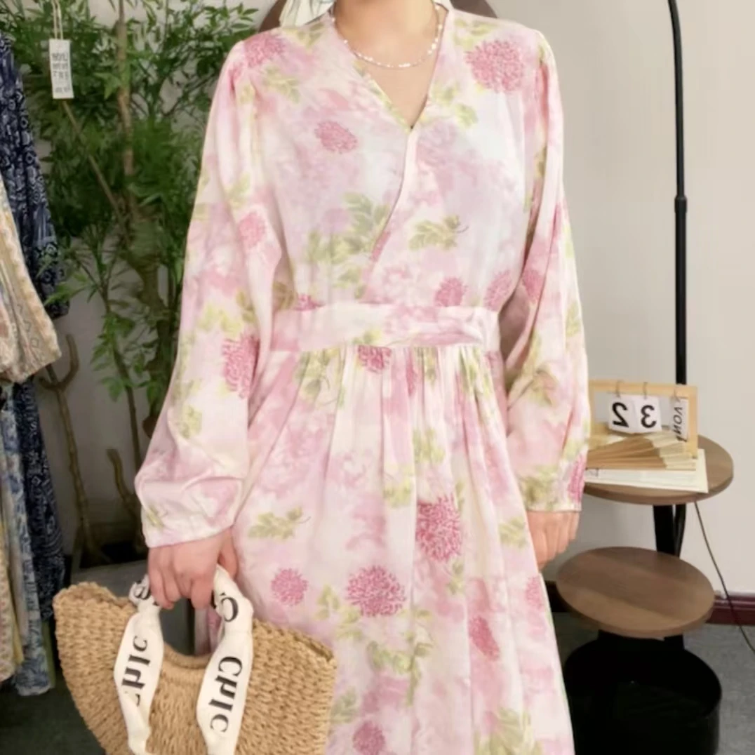 【赫拉长袖款】春夏棉绸国风碎花宽松休闲显瘦抽绳连衣裙