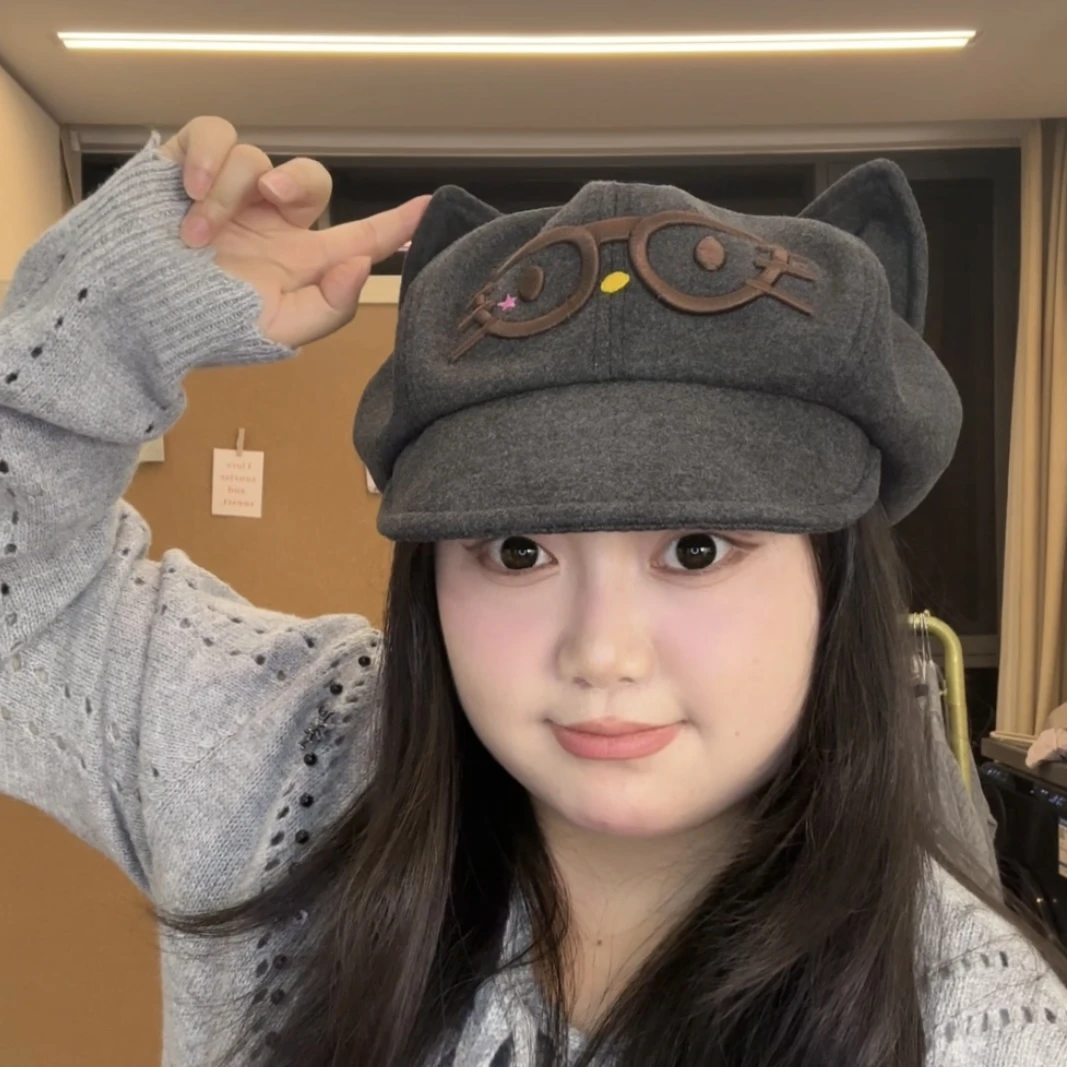 秋冬新款大头围57-65cm可爱猫耳朵贝雷帽云朵帽设计感八角帽子女