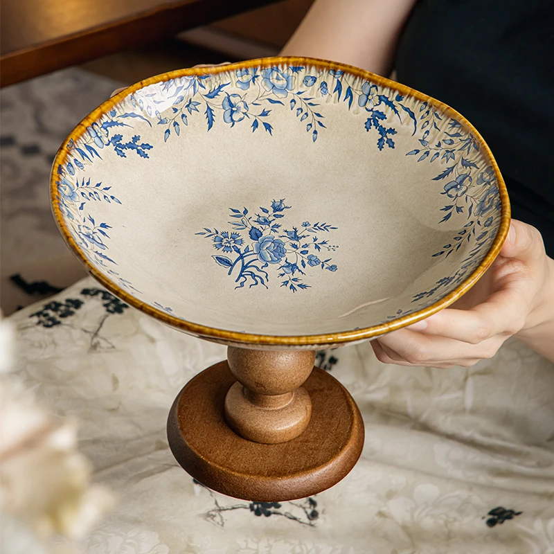 小悠家 中古高脚盘复古木质陶瓷水果盘佛手柑托盘乔迁新居果盘