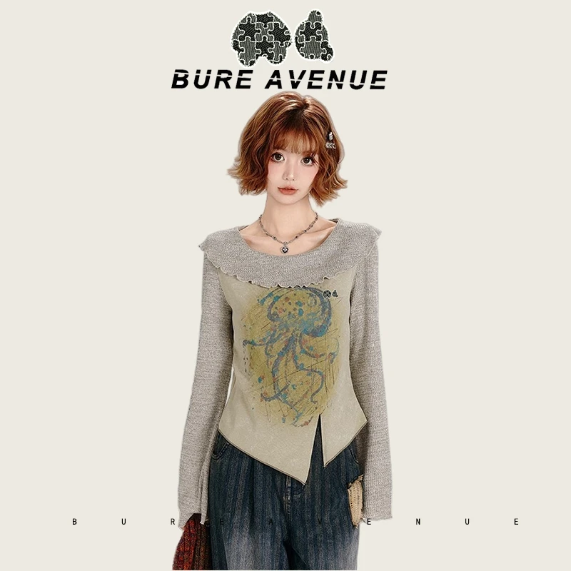 潮牌Bure Avenue断头熊长袖T恤女春秋新款废土风不规则下摆打底衫