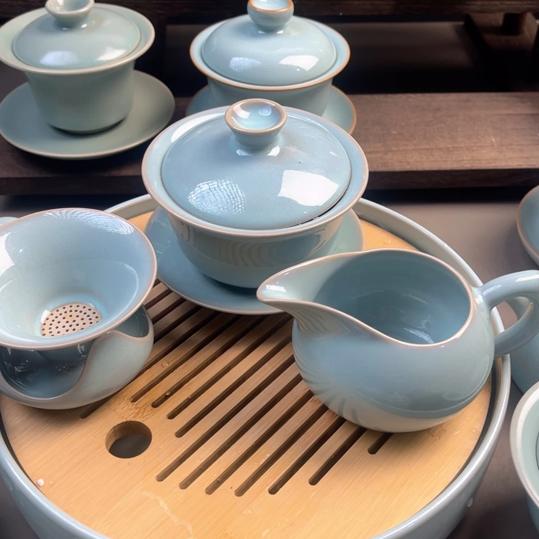 瓷天天青釉盖碗茶漏原矿