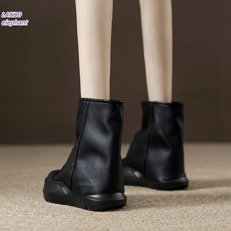 厚底网红爆款马丁靴女真皮褶皱库管靴2025夏季新款切尔西中筒女靴