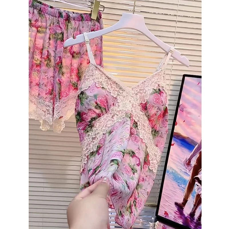 睡衣网红夏季修身上衣家居服套装时尚碎花薄款