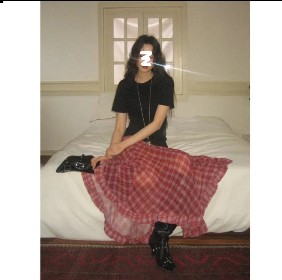 （W2450）复古格纹红色半身裙女小个子不规则木耳边雪纺长裙子