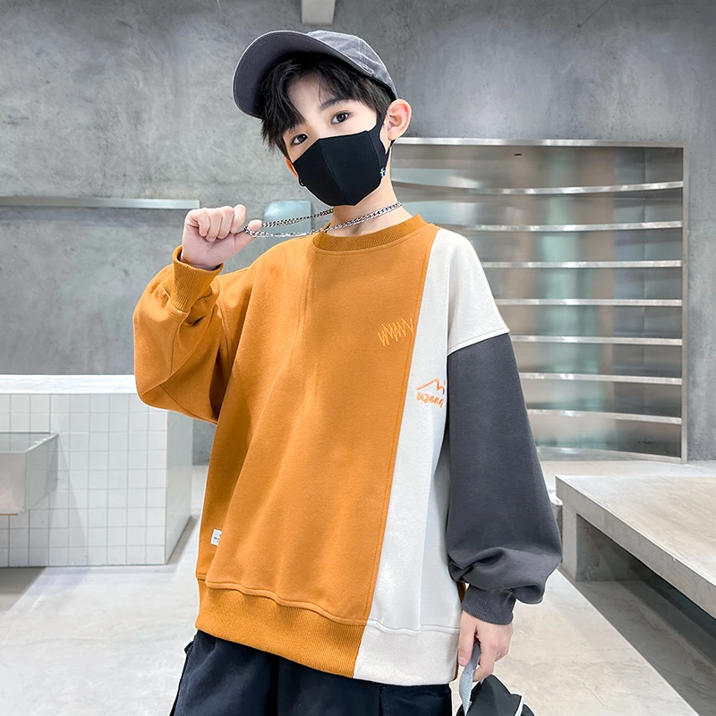 男童装中大童春秋卫衣2025撞色刺绣卫衣洋气男孩上衣时尚长袖潮酷