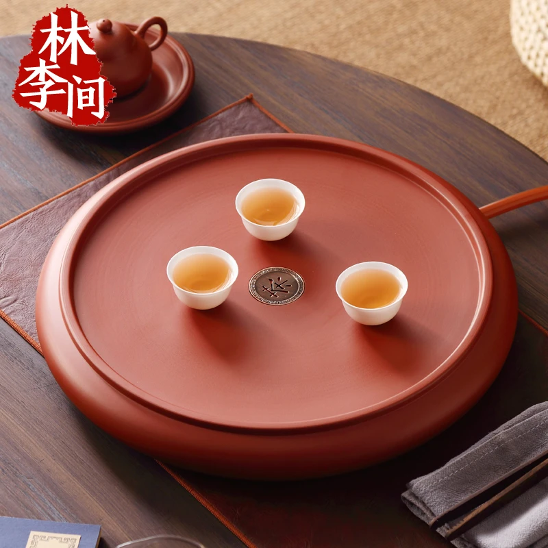 明德园朱泥功夫茶盘手拉家用茶具圆形红泥紫砂落水式茶船茶台14寸