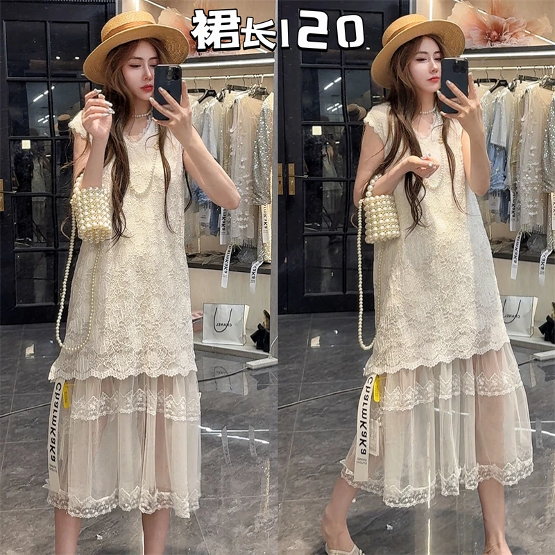 【淡然步调】62664假两件钩花拼接网纱连衣裙