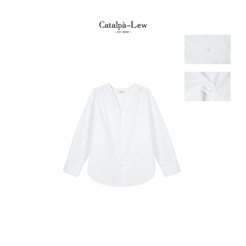CatalpaLew「云植」墟生美学100%精梳棉简约单排扣V领衬衣#C51345