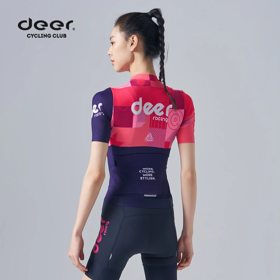 deer小鹿专业多巴胺粉公路车骑行服女透气短袖夏自行车上衣套装新