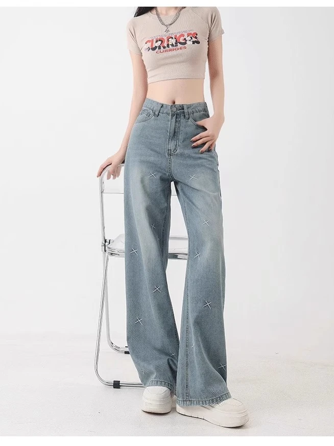 刺绣阔腿牛仔裤女高腰宽松大码胖mm遮胯显瘦垂感直筒裤