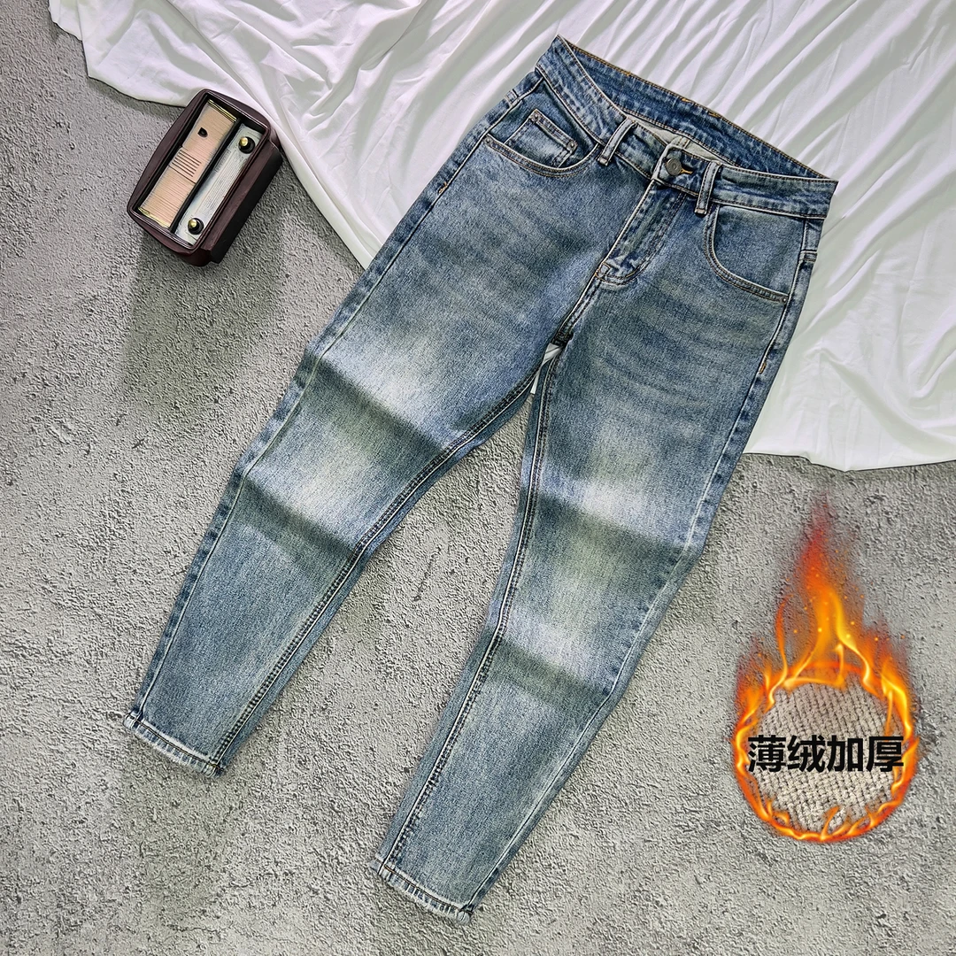 2025加绒男款秋冬修身牛仔裤韩版潮牌修身小脚裤九分百搭休闲长裤