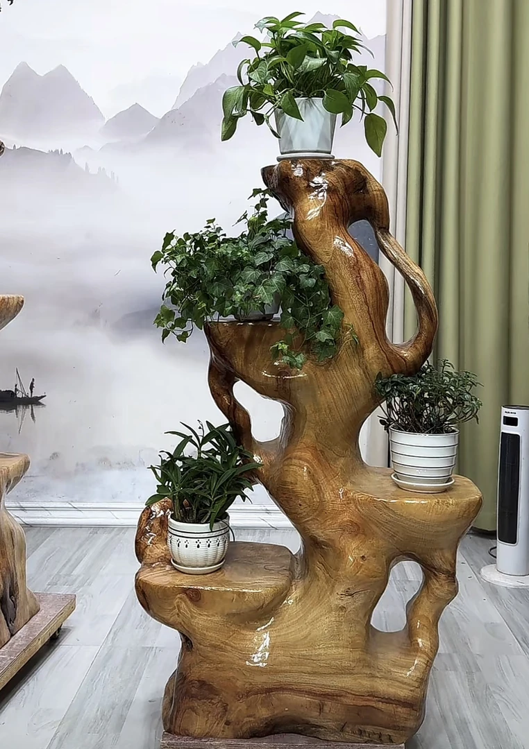 实木根雕花架天然艺术根艺客厅落地多层树根底座摆件盆景架置物架