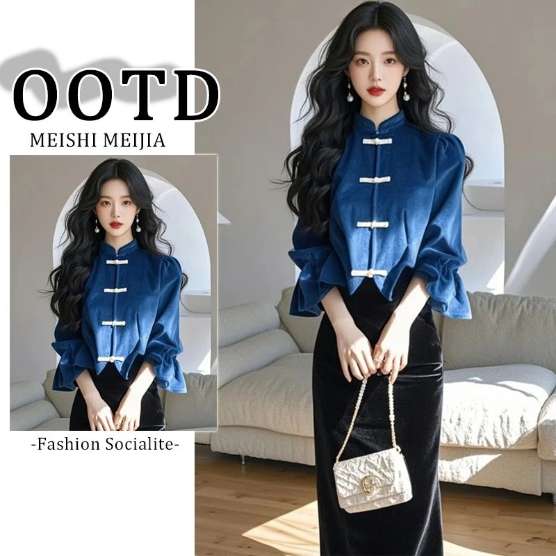 2025入秋新款女装新中式国风蓝色灯芯绒套装女高级得体大方两件套