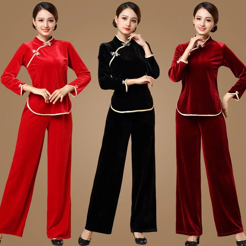 新款中老年金丝绒广场舞服装套装古典舞表演服装女性表演舞蹈服装