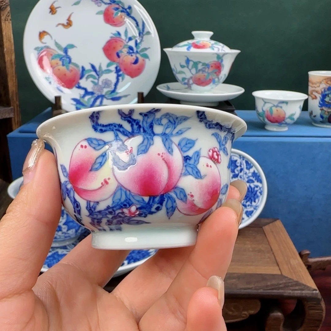 山**风景德镇斗彩五桃杯