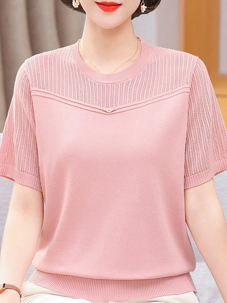 气质圆领夏季时尚女士短袖宽松洋气薄款百搭显瘦休闲镂空气质短款