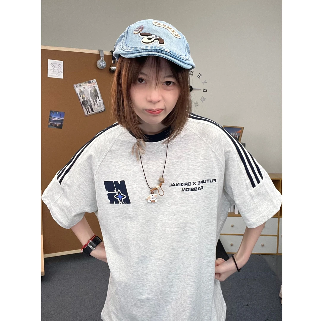 FXO潮流植绒立体印花百撞色搭男女款春夏休闲三条杠半袖上衣W047