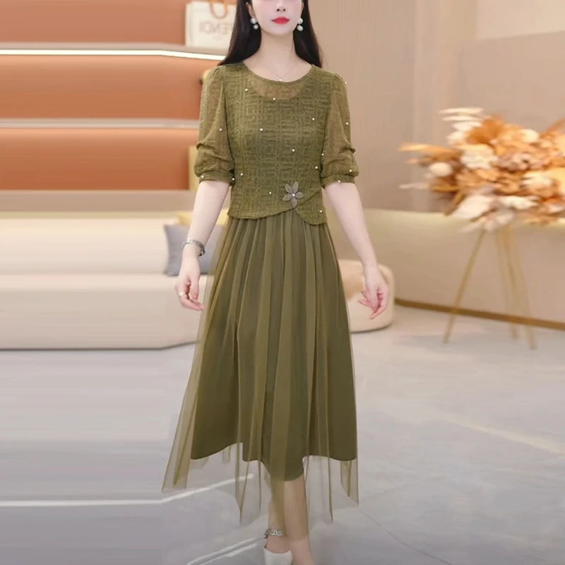 勾花纱轻奢高贵套装裙2025早秋季新款时尚名媛中袖两件套连衣裙子