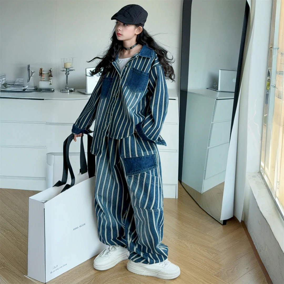 【嘻嘻柚】女童2025秋款牛仔套装洋气衬衫外套休闲条纹阔腿裤两件套