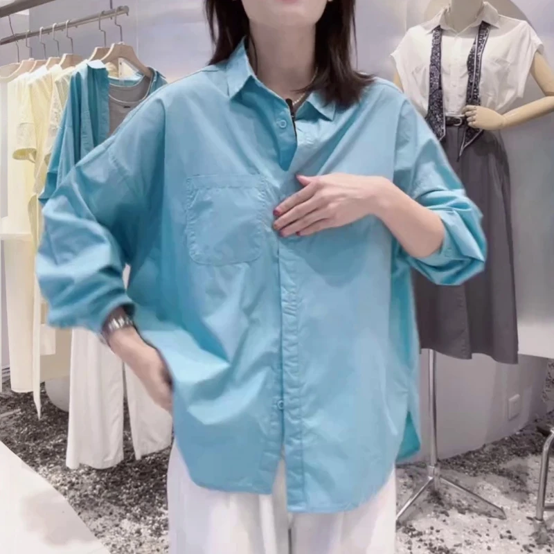 港风防晒衬衫女外穿百搭2025早秋薄款设计感小众轻熟蓝色长袖上衣