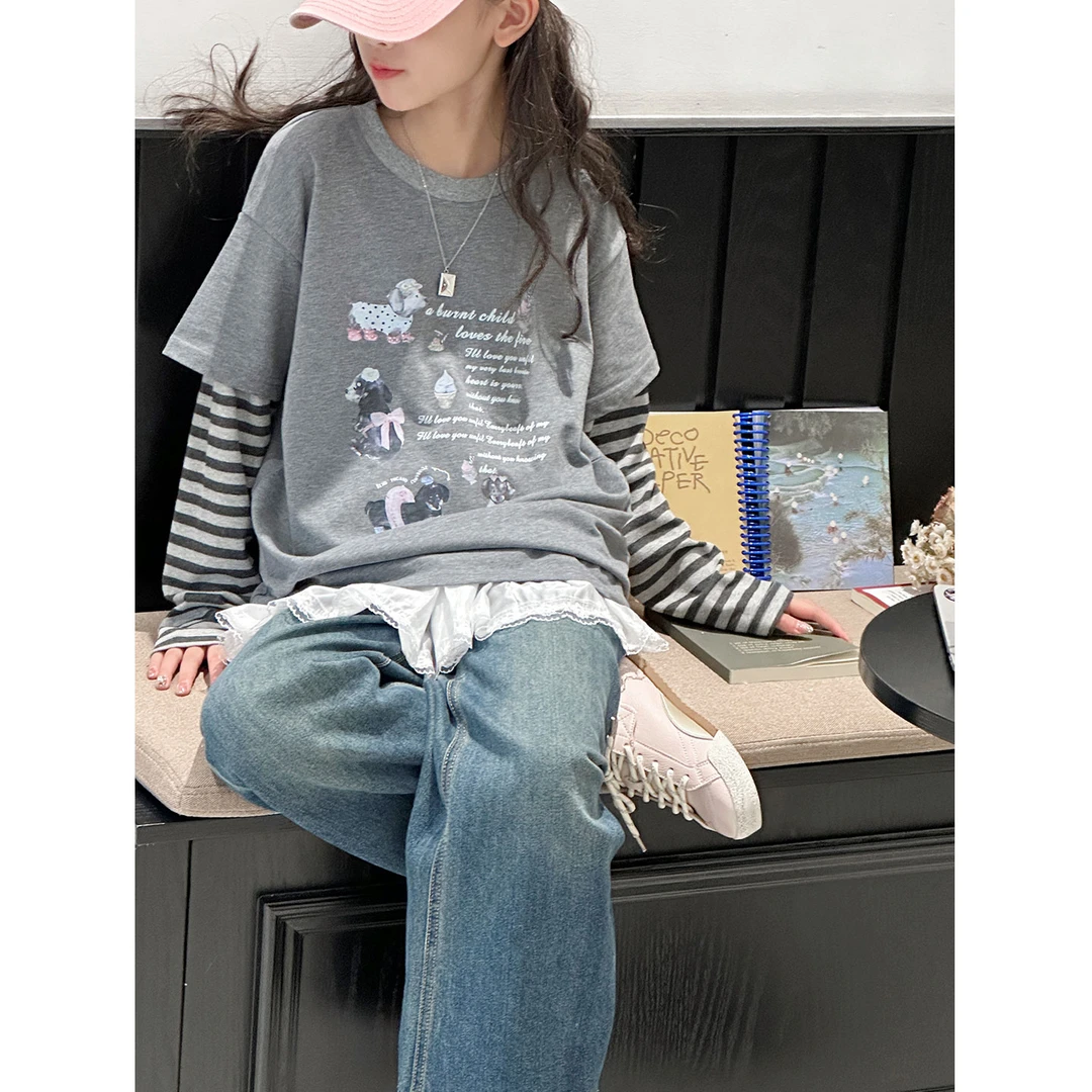 K28245孙小美拼接袖女童秋装长袖T恤2025新款儿童上衣打底衫春秋