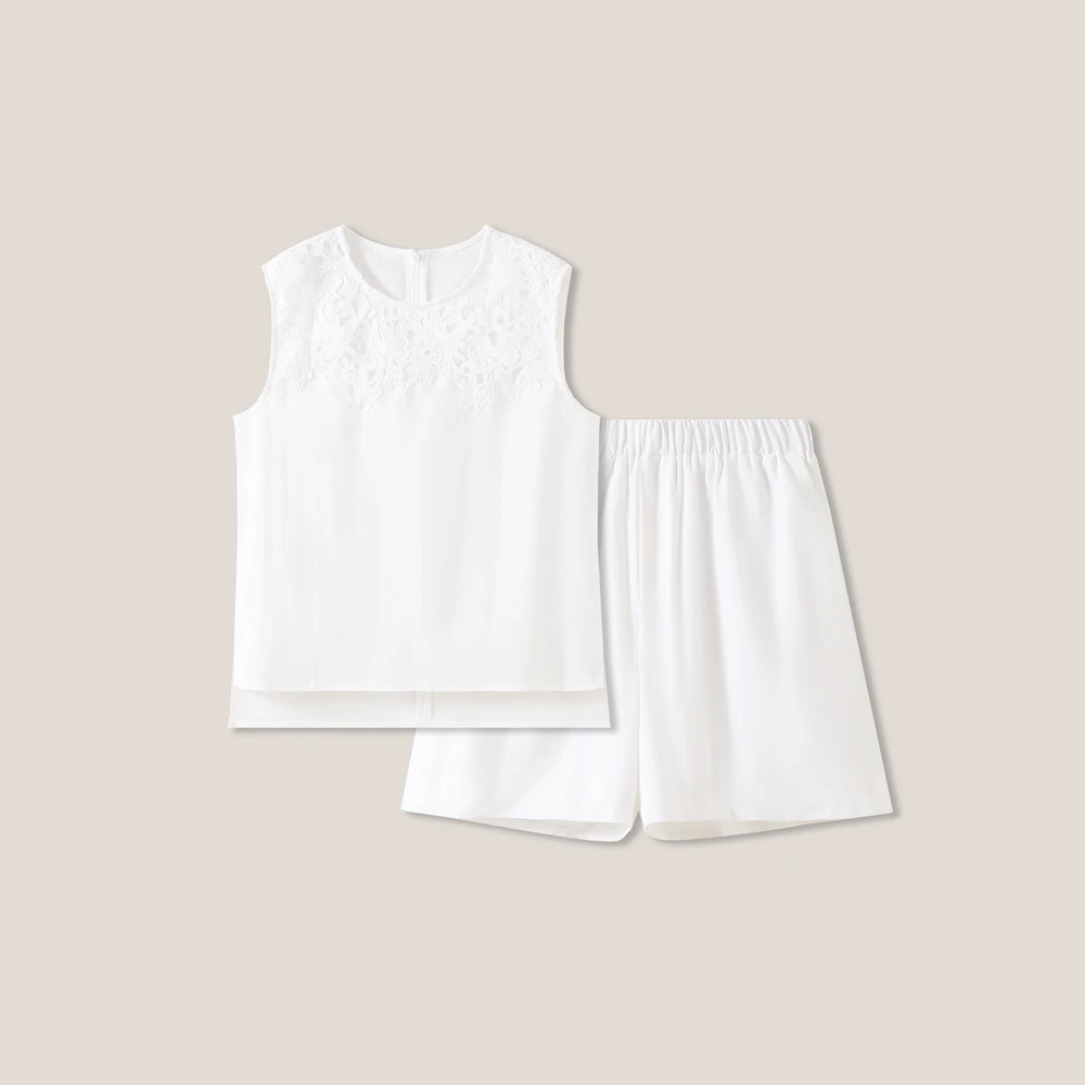 【天邑严选】纯色时尚钩花镂空上衣+休闲裤两件套套装SS26262