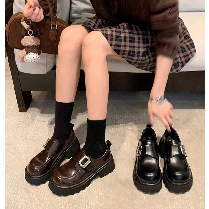 百搭学院风方扣懒人一脚蹬松糕粗跟厚底真皮乐福鞋小皮鞋女