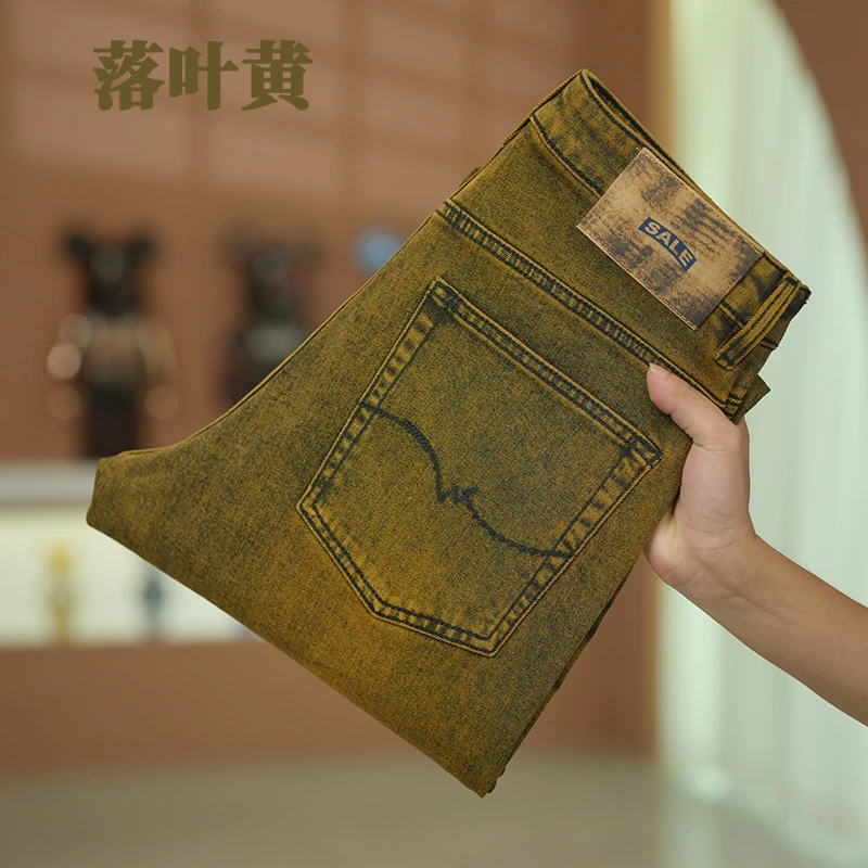 落叶黄牛仔裤男士2025秋季新款免烫抗皱欧美潮流轻奢时尚直筒长裤