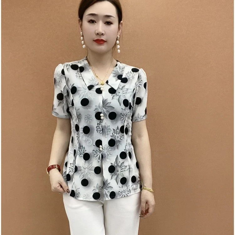 时尚妈妈装宽松洋气短袖印花上衣气质娃娃领减龄舒适中老年女装