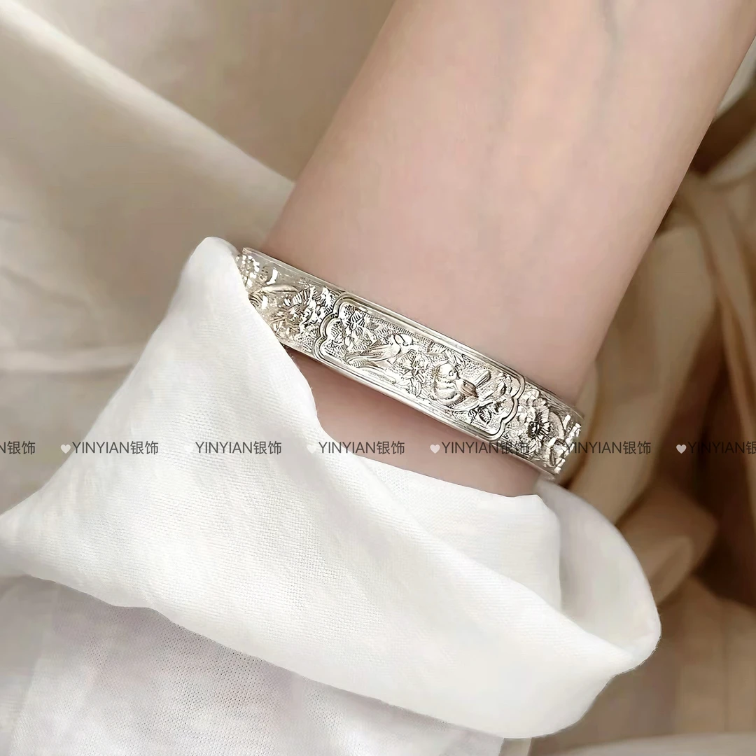 足银手镯 足银999纯手工雕花【喜上眉梢】国风实心亮面精雕纯银手镯