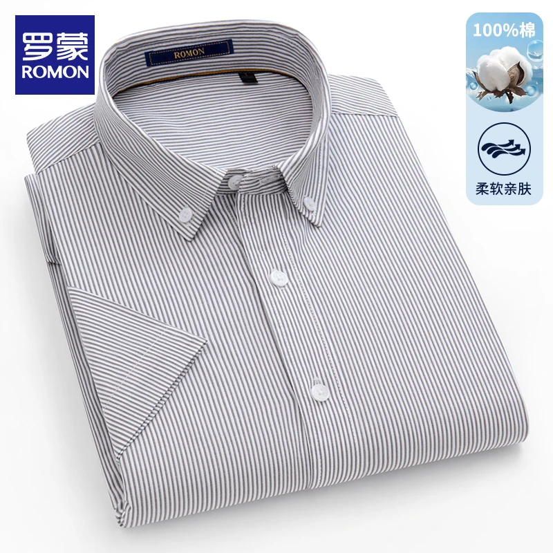【100%纯棉】罗蒙男装夏季灰条短袖衬衫休闲百搭条纹舒适男衬衣时尚