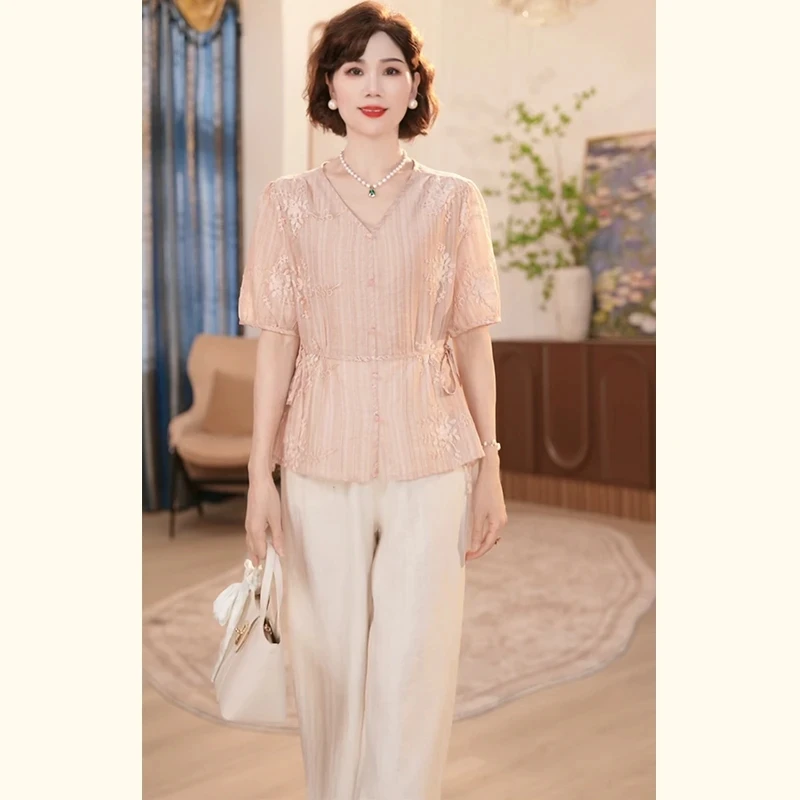 妈妈夏装休闲时尚套装2025新款中老年女装宽松两件套洋气上衣裤子