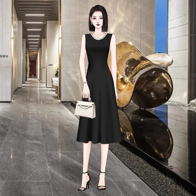 高端超好看黑色无袖宴会连衣裙女夏2025气质钉珠赫本风中长小黑裙