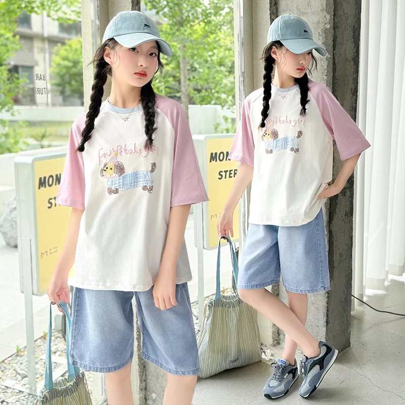 女童牛仔短裤夏季2025新款儿童夏装中大童宽松外穿刺绣五分裤热裤