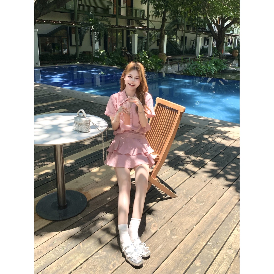 切糕自制【满分甜度】小个子夏女时尚气质V领衬衫半裙短袖显白套装