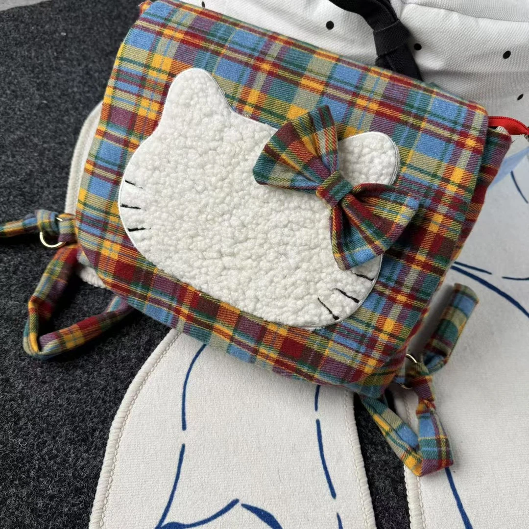 一张同学【长约34宽9高28单位cm】时尚百搭大猫头双肩包C3360红格子