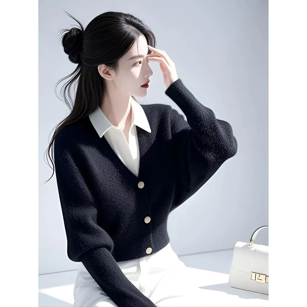 黑色假两件拼接翻领毛衣女冬季新款时髦独特设计感小众针织衫上衣