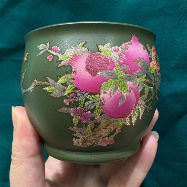 宜兴原矿紫砂全手工高端珐琅彩掐金丝寿桃大口缸杯180cc