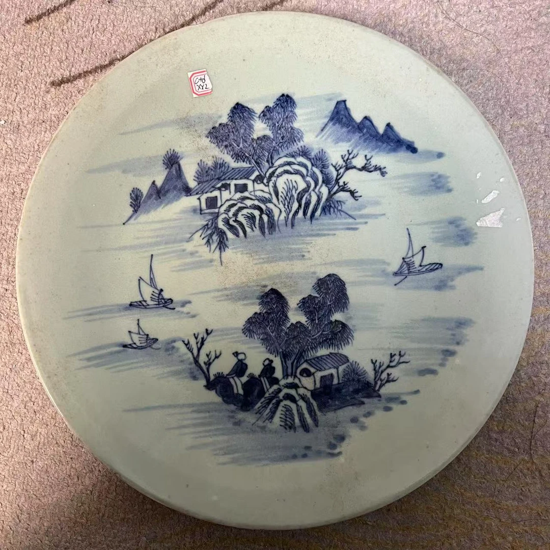 F803清道光豆青釉青花山水故事赏盘