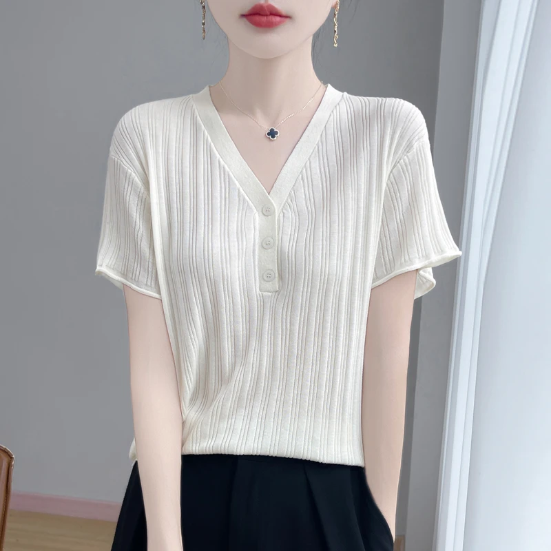 设计感V领竖条冰丝针织短袖T恤女2025夏气质休闲百搭小众上衣小衫