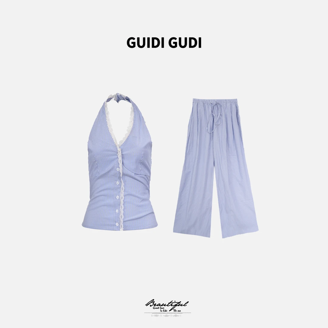 GUIDI GUDI【搁浅】两件套背心+休闲裤套装 /黄加蓝 D9521353H