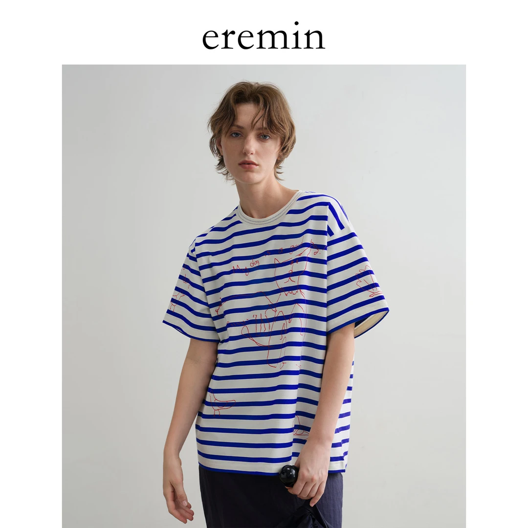 DE Mincollection线条小狗/海军蓝涂鸦条纹印花全棉休闲T恤55576