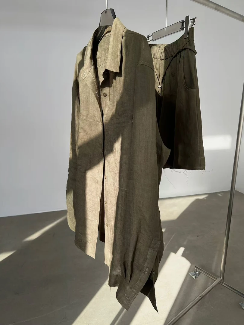 老钱风亚麻衬衫套装女2025夏季宽松休闲松弛感棉麻衬衫短裤两件套