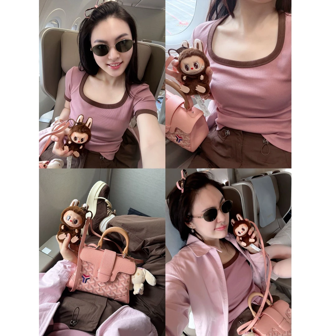 ARMS WELL王囡囡 暗粉色撞色方领正肩短袖T恤 L102