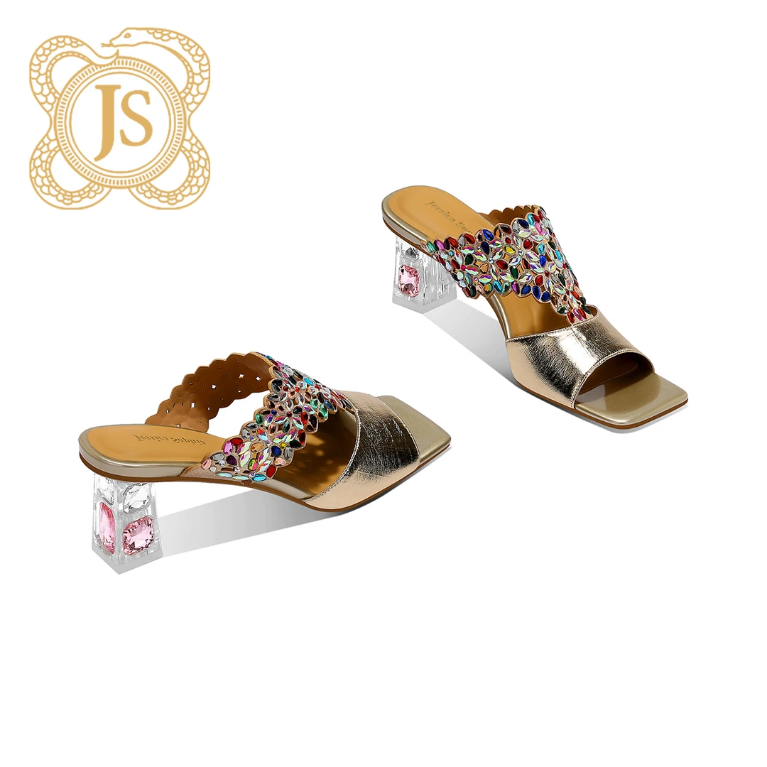 已开价，8679L65F1耀眼粗跟水晶女拖鞋欧美金色彩钻高级感方头