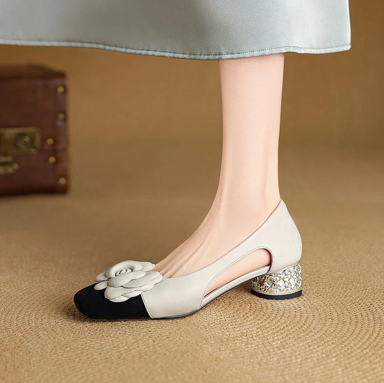 软羊皮~4cm夏季新款包头凉鞋女拼色小香风山茶花粗跟软底真皮单鞋